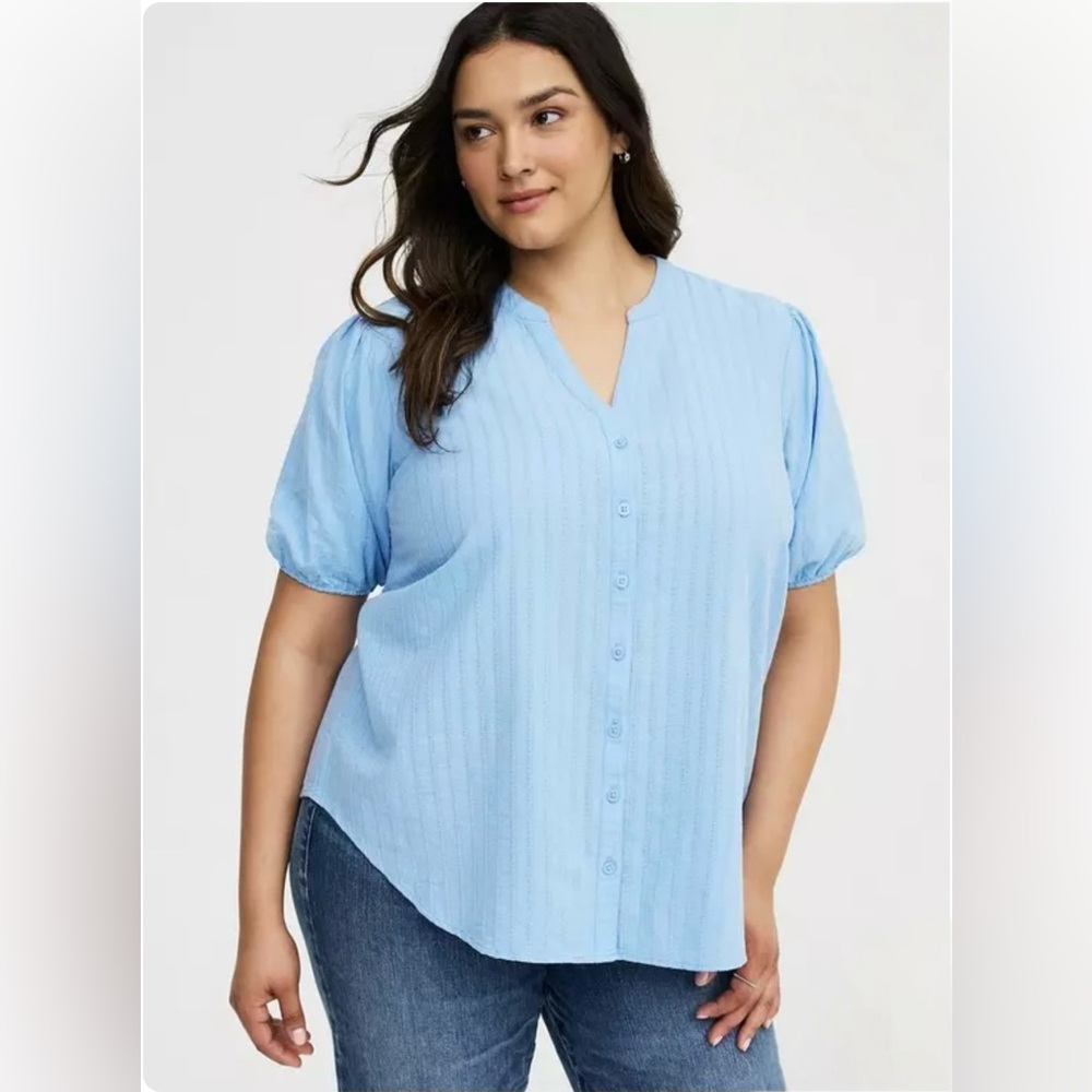 TORRID 00 0X XL Puff Sleeve Button Front Top Placid Blue NWT R $46 - Picture 3 of 12
